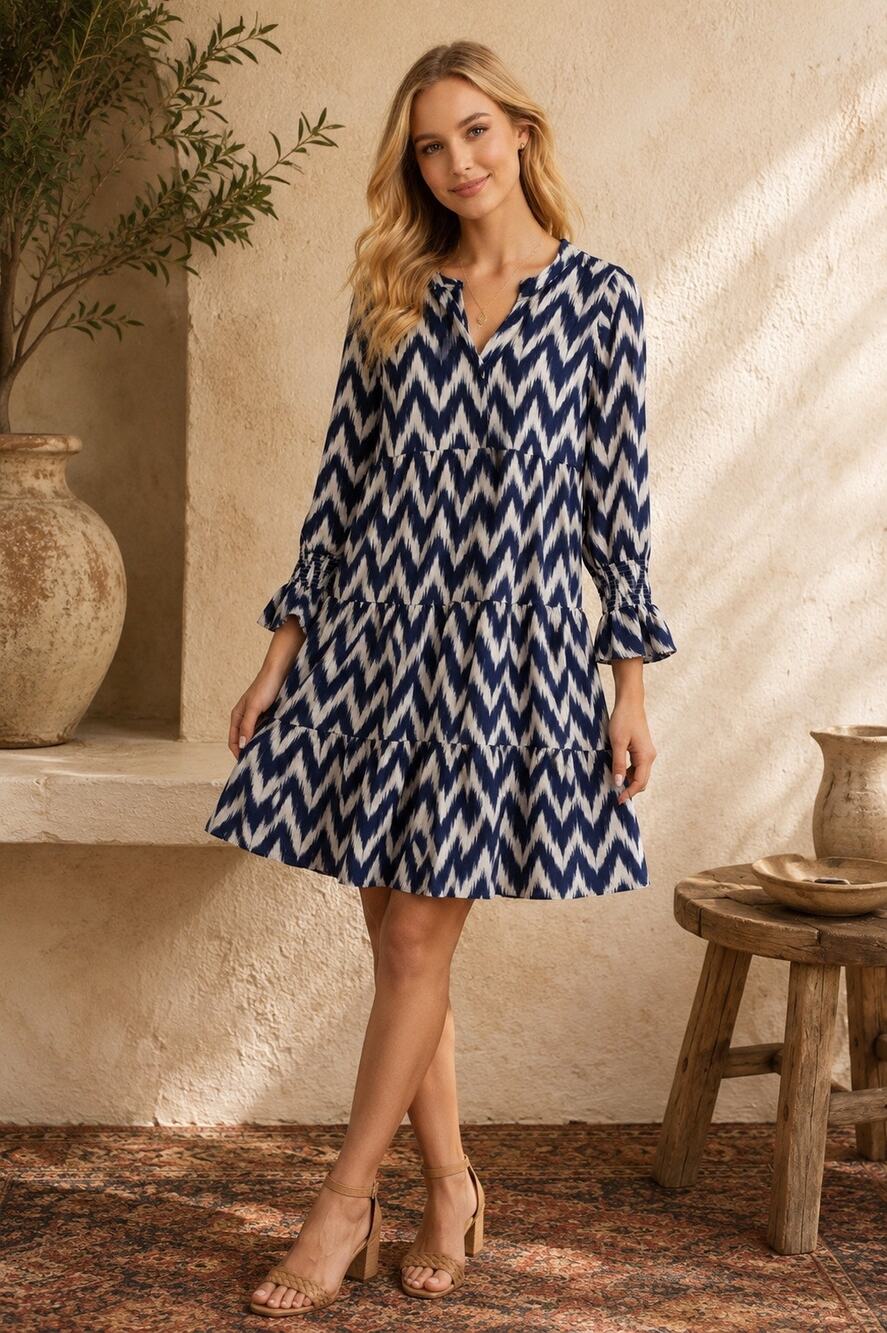 Pomander Place by Tuckernuck Kenzo Mini Dress XS Navy White Ikat Tiered $98